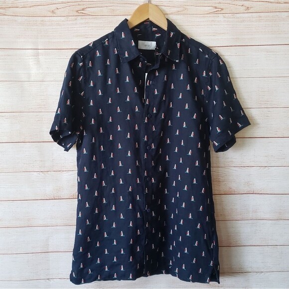 Onia 100% Linen Samuel Embroidered Sailboat Short Sleeve Buttondown Blue Shirt - Picture 4 of 12